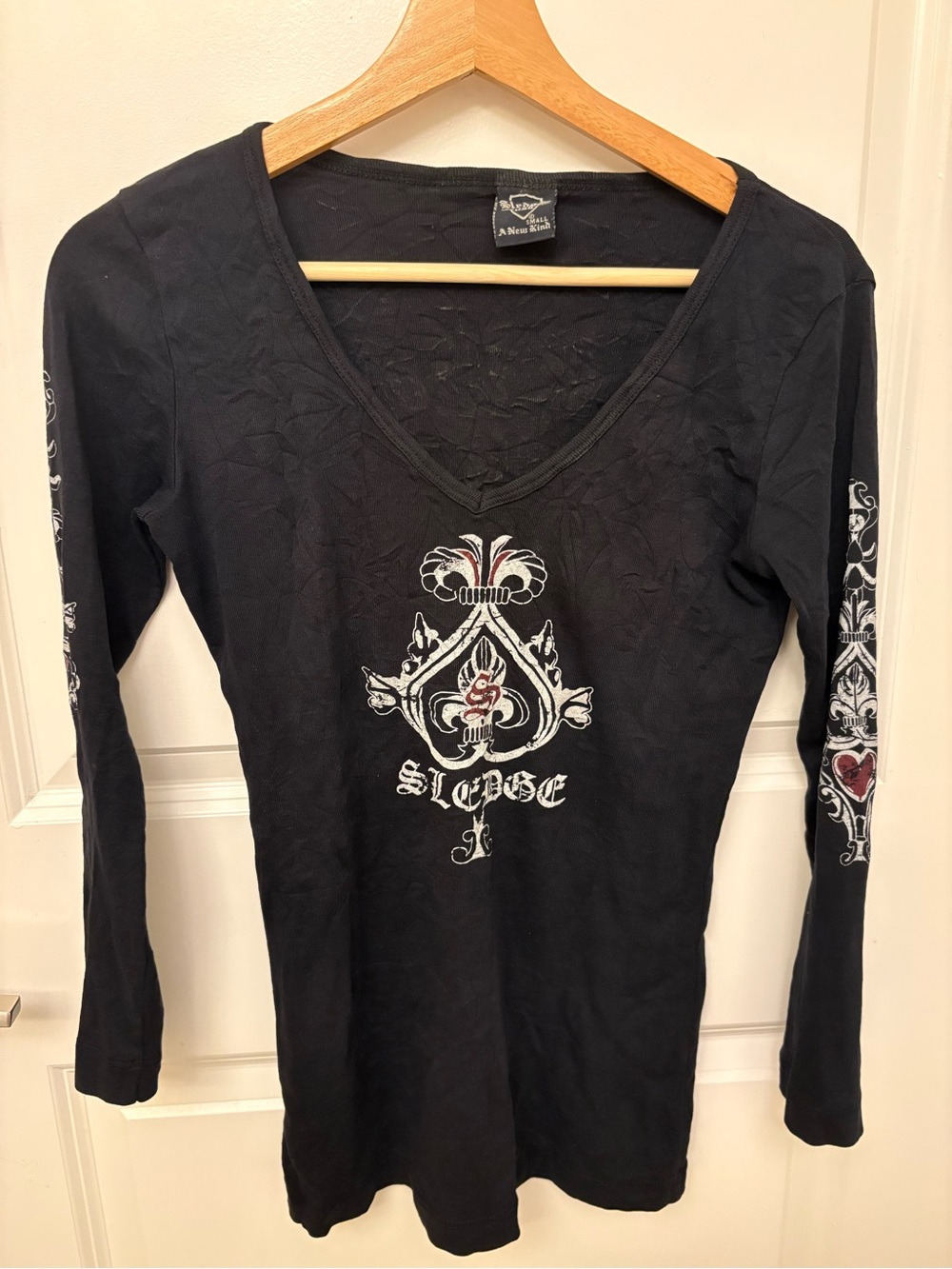 Sledge USA Y2K Black Long Sleeve Top S Front & Back Graphic Spade Heart Emo